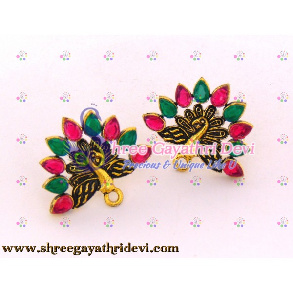 ANTIQUE GOLD STONE STUDS - 25MM - RUBY+GREEN