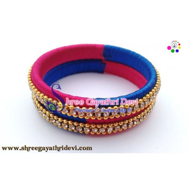  Dark Blue and Pink Colored Silk Thread Bangle Set with stone- SGDBS06