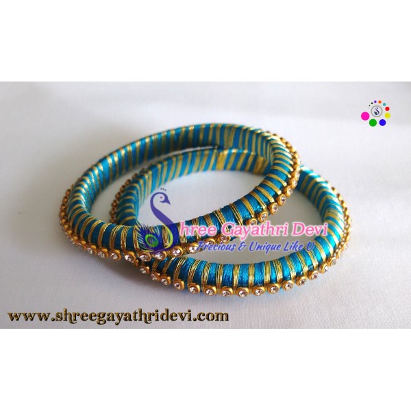  Traditional Handmade Silk Thread Bangle Set with Stone (Sky Blue)- SGDBS08