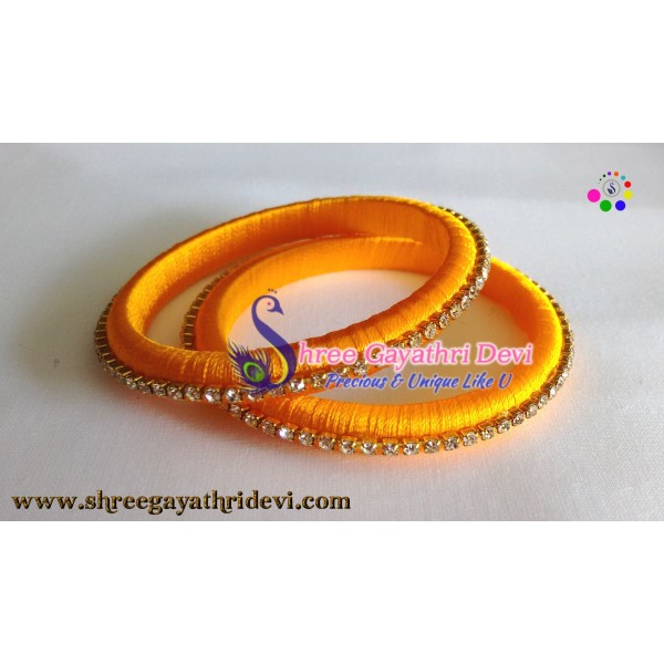  Traditional Handmade Silk Thread Bangle Set with Stone (Yellow)- SGDBS10