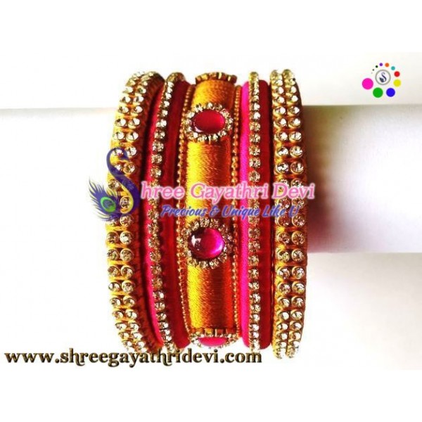 Ethnic wear silk thread bangles with kundan stone finished(pink,gold) - SGDBS20