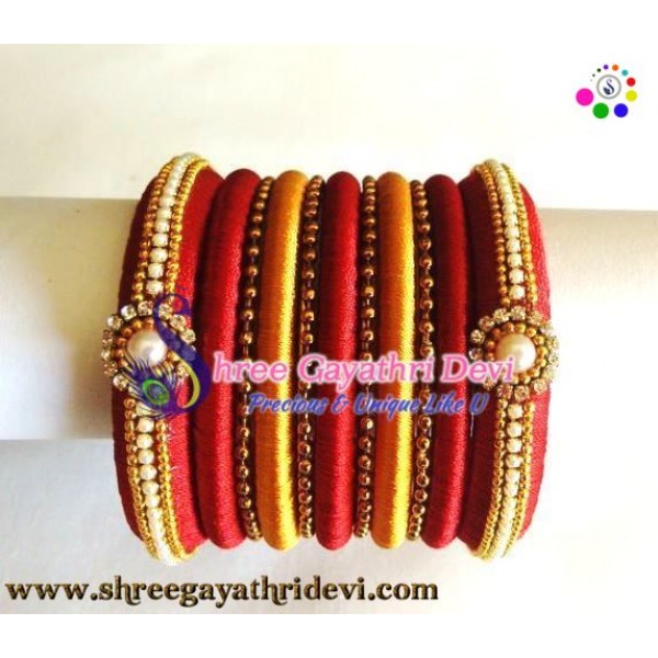 Handmade Silk Thread Bangle Gold And Red Bangle Set For Women- SGDBS26