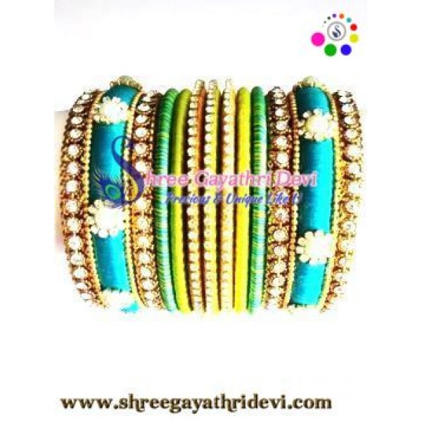 Beautiful pearl set silk thread bangles ( Blue,green,gold) - SGDBS30