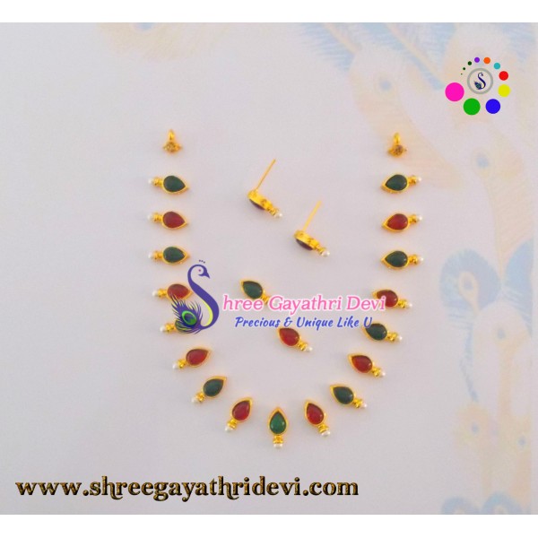IMITATION KUNDAN JEWELLERY SET - RED+GREEN - DROP - SGIK25
