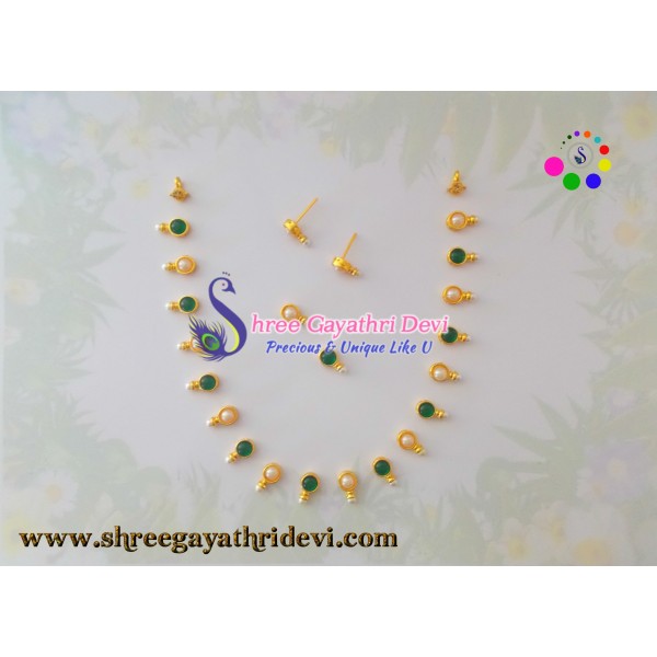 IMITATION KUNDAN JEWELLERY SET - PEARL+GREEN - ROUND - SGIK11