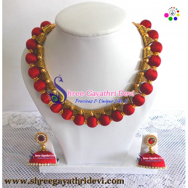 New Fashionable Antique Gold Bail Necklace with Earrings(Maroon color) - SGDCE07