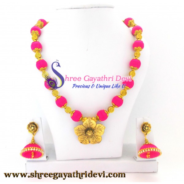 Pink and Gold Flower Pendant Silk Thread Necklace Set for Women - SGDCE09