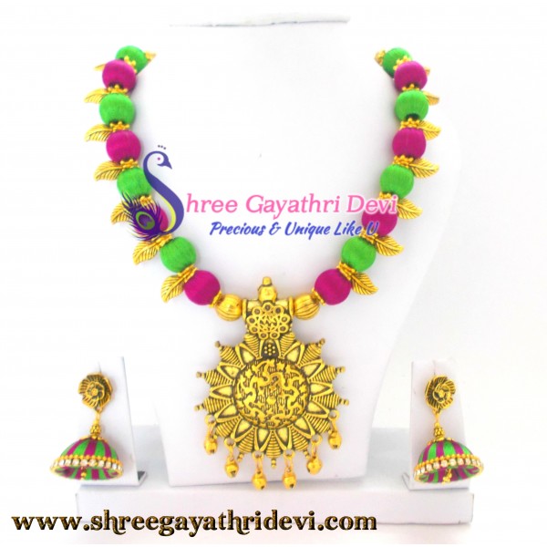 Light Green and Pink with Golden Leaf Pendant Silk Thread Necklace and Jhumkas - SGDCE09
