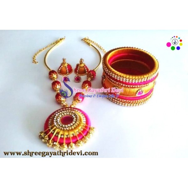 Grand Ethnic Wear Silk Thread Jewellery Set(Earrings,Bangles & Necklace-Dark Pink,Gold) - SGDJS01