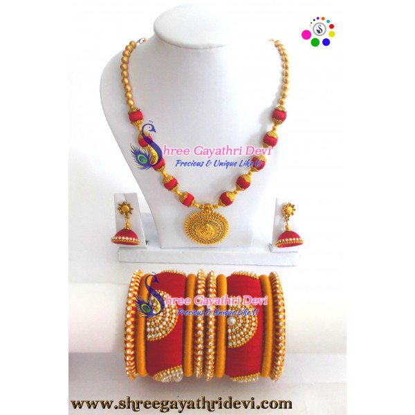 Beautiful Red & Gold silk thread ganesh designer necklace set- SGDJS08