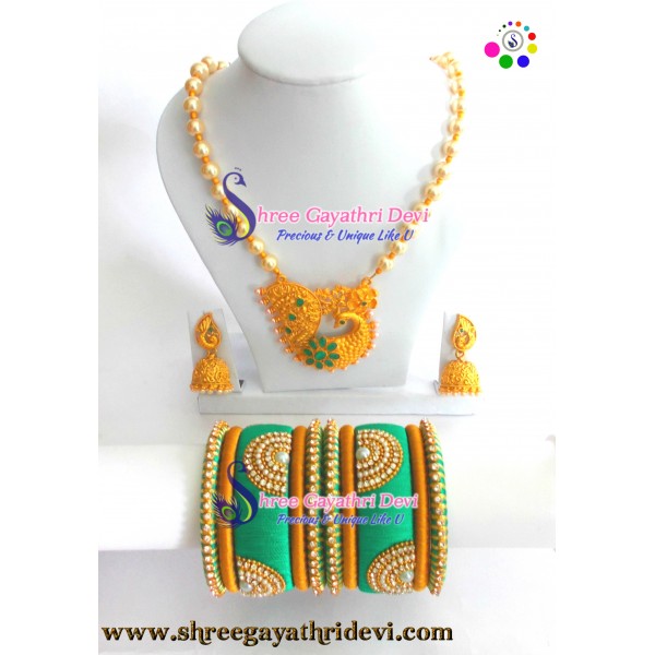 Beautiful Green & Gold silk thread peacock designer pearl necklace set- SGDJS09