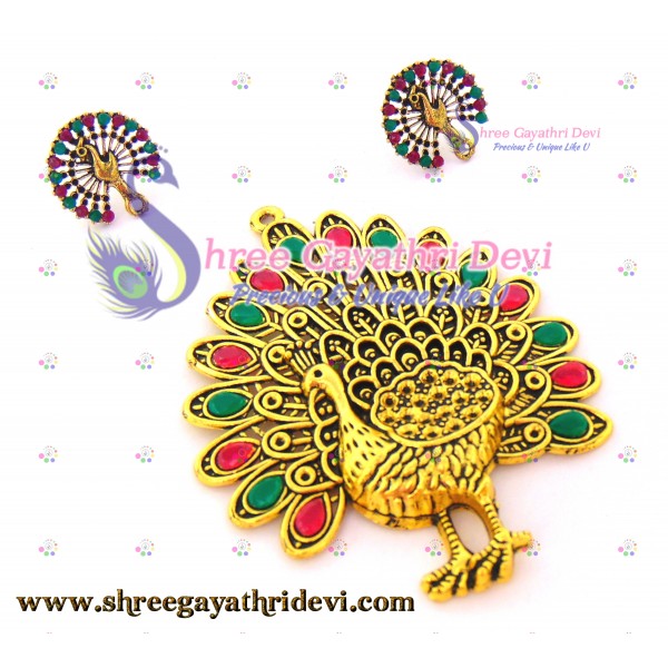 STONE PENDANT COMBO - PEACOCK - RUBY+GREEN - 85*65MM