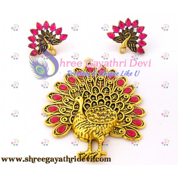 STONE PENDANT COMBO - PEACOCK - RUBY - 85*65MM