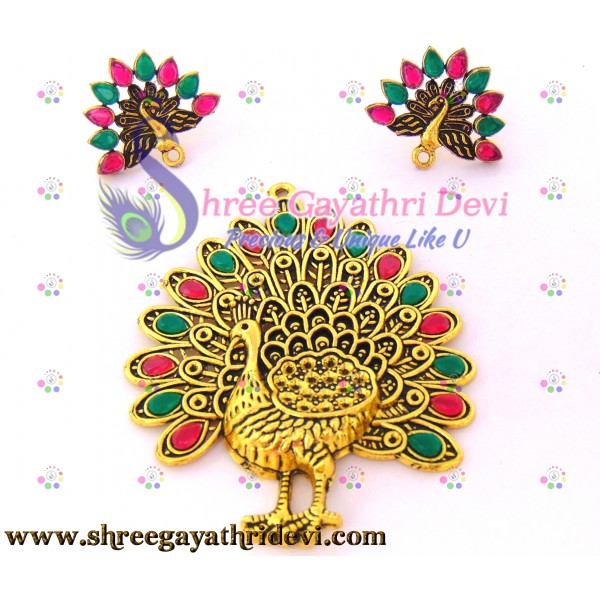 STONE PENDANT COMBO - PEACOCK - RUBY+GREEN - 85*65MM